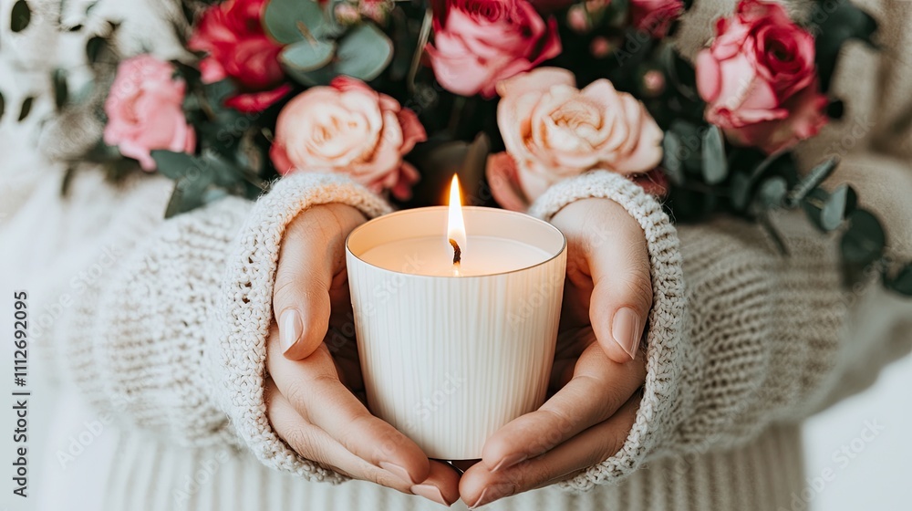 A cozy scene featuring hands holding a lit candle, surrounded by beautiful roses, evoking warmth and tranquility. A cozy scene featuring hands holding a lit candle, surrounded by beautiful roses, evoking warmth and tranquility.
