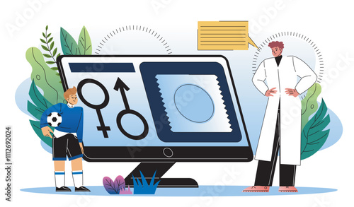 Venereologist online concept. Man in medical uniform with boy near gender symbols. Sexual education for kids. Healthcare and medicine. Flat vector illustration