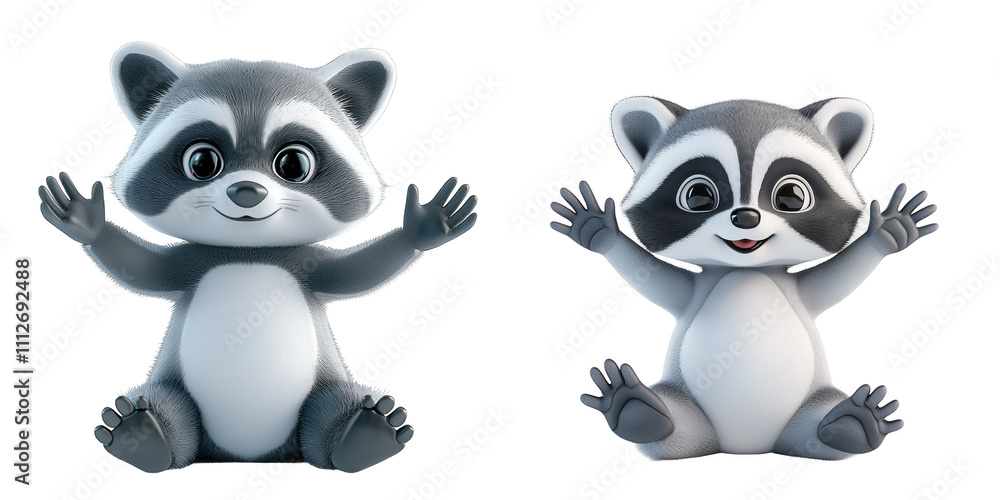 Baby raccoon sitting. hands in the air , animated character - Set Isolated On Transparent Background PNG Baby raccoon sitting. hands in the air , animated character - Set Isolated On Transparent Background PNG