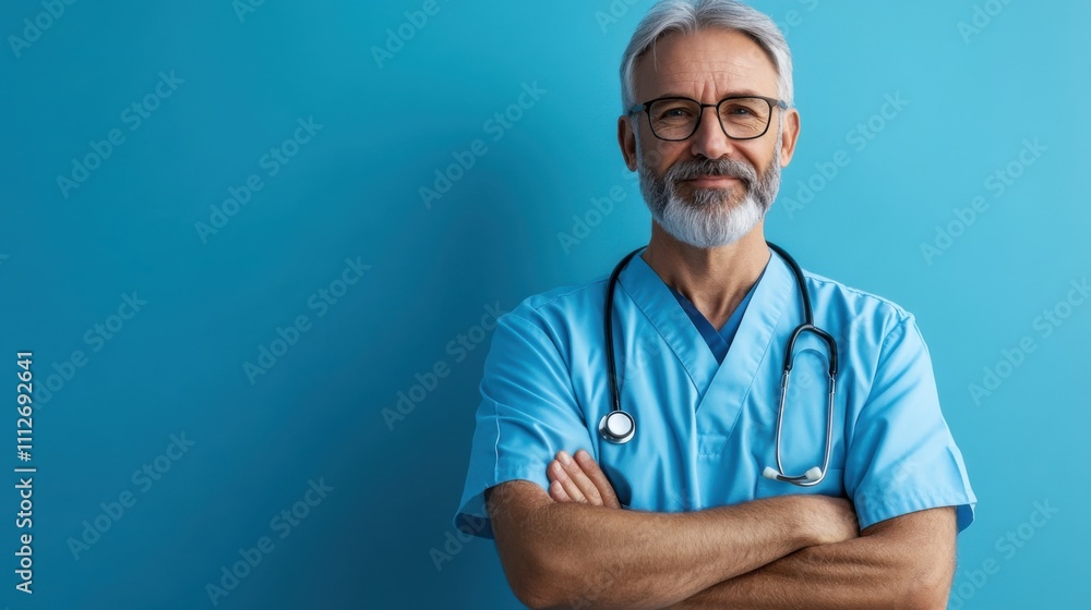 Smiling Senior Doctor in Blue Scrubs with Stethoscope Posing Against a Bright Background Smiling Senior Doctor in Blue Scrubs with Stethoscope Posing Against a Bright Background