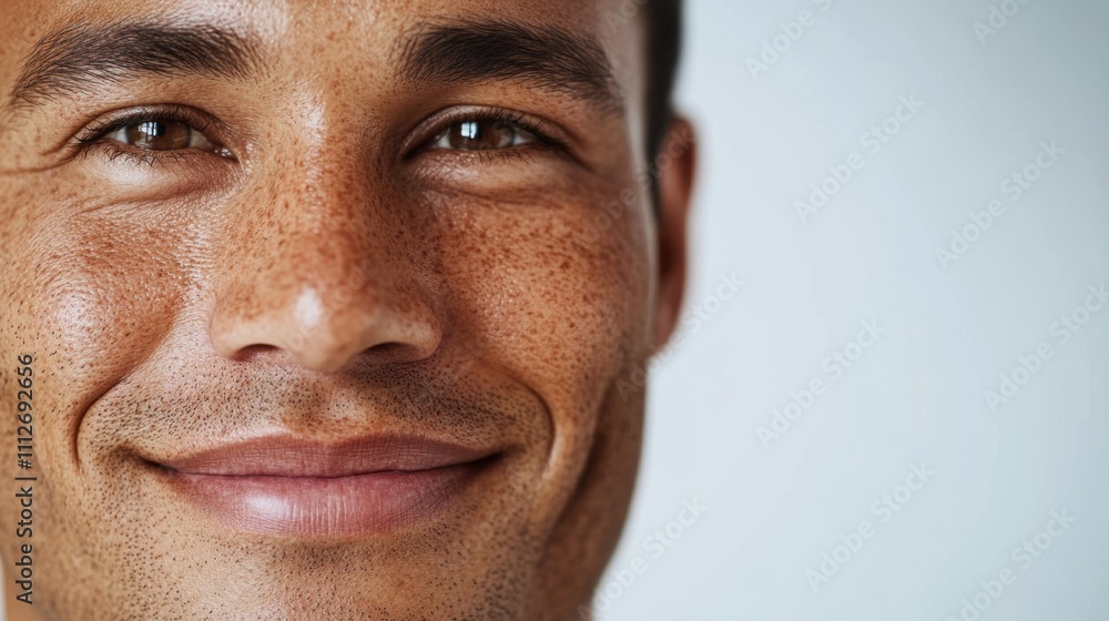 Fototapeta premium Close-up of an Asian young man showing even-toned, glowing skin while smiling softly on a white backdrop.