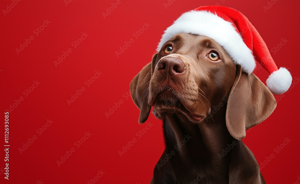 A brown dog wearing a Santa hat against a vibrant red background, expressing a festive and curious look. A brown dog wearing a Santa hat against a vibrant red background, expressing a festive and curious look.