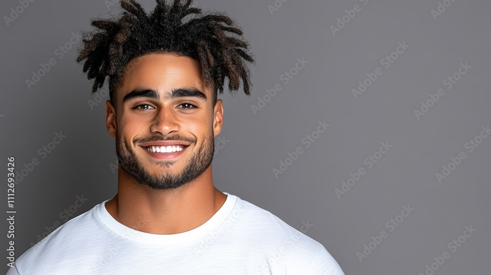 Man with a beard and dreadlocks is smiling and wearing a white shirt. Concept of happiness and positivity Man with a beard and dreadlocks is smiling and wearing a white shirt. Concept of happiness and positivity