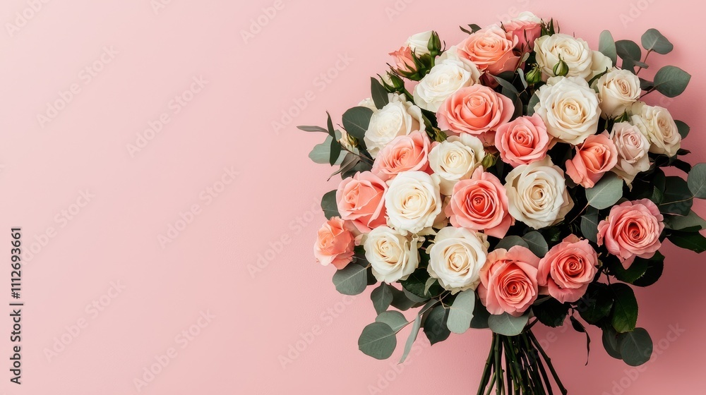 A beautiful bouquet of pastel roses with greenery, set against a soft pink background, perfect for celebrations or as a thoughtful gift. A beautiful bouquet of pastel roses with greenery, set against a soft pink background, perfect for celebrations or as a thoughtful gift.
