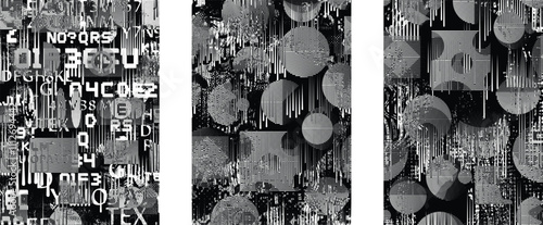 Set of glitch distorted grunge overlay textures. Collection of overlaying textures with halftone dots, scratches and lines .Screen print vector layers pack. Overlays with grunge textured surface