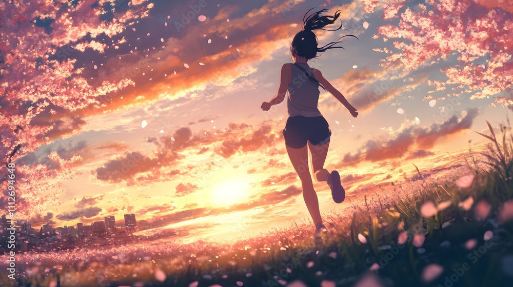 Young Asian woman running at sunset in a field of cherry blossoms. Young Asian woman running at sunset in a field of cherry blossoms.