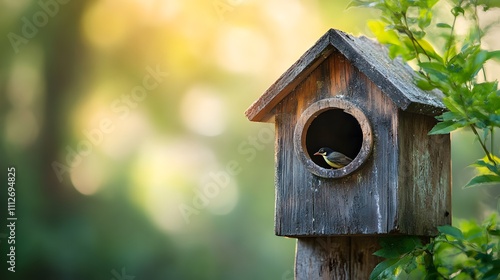 A vibrant bird peeks out from a rustic birdhouse amidst lush greenery.