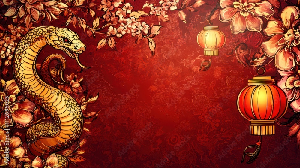 Fototapeta premium Festive Chinese New Year 2025 scene with a golden snake, lanterns, and floral patterns on a rich red background.