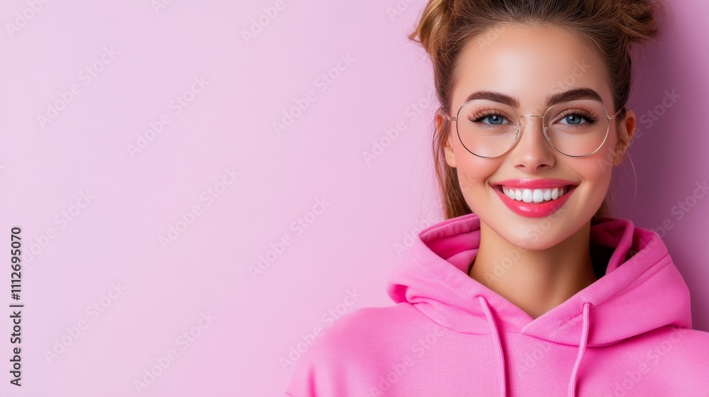 Young woman with glasses and a pink hoodie is smiling. She has a bright and cheerful expression on her face, and her smile is infectious. The pink hoodie complements her outfit Young woman with glasses and a pink hoodie is smiling. She has a bright and cheerful expression on her face, and her smile is infectious. The pink hoodie complements her outfit