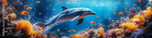 Dolphin swimming gracefully through a vibrant coral reef filled with colorful fish, ideal for wall art, posters, or decorations that highlight marine life and ocean conservation. photo