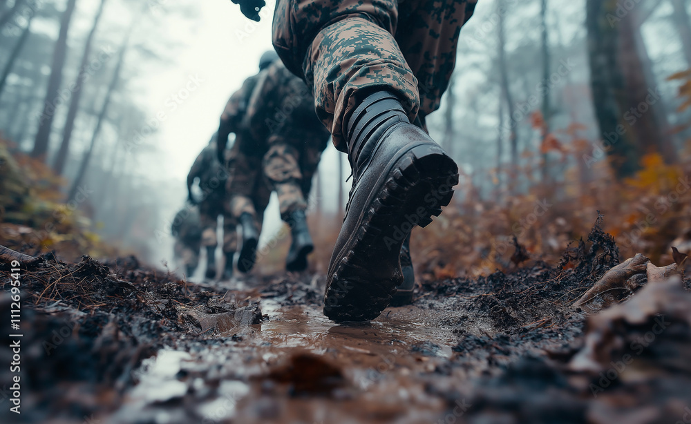 Soldiers in camouflage walking through a damp autumn forest on a muddy trail during a training exercise. Soldiers in camouflage walking through a damp autumn forest on a muddy trail during a training exercise.