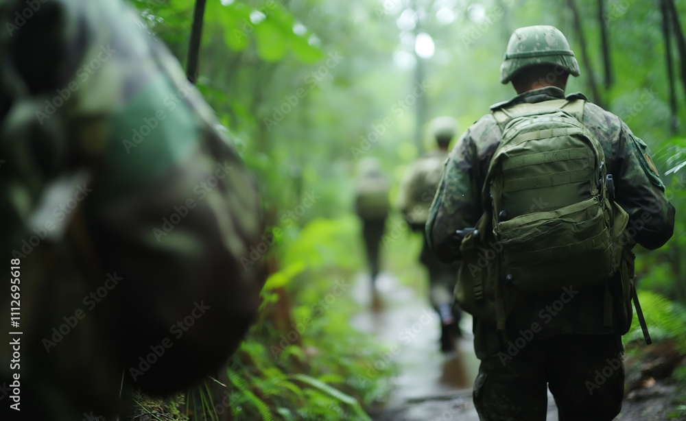 Fototapeta premium Armed soldiers in camouflage advancing through a lush green forest on a mission with sunlight filtering through trees.