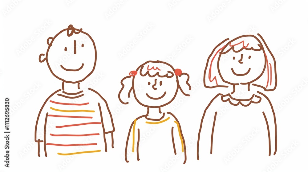 Simple family drawing with simple lines, flat colors and stick figure, minimalistic, simple background Simple family drawing with simple lines, flat colors and stick figure, minimalistic, simple background