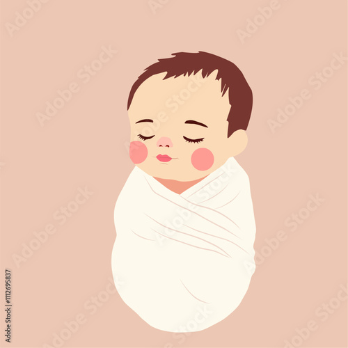 Adorable newborn baby wrapped in a soft white blanket, peacefully sleeping . Symbolizes innocence, peace, and serenit