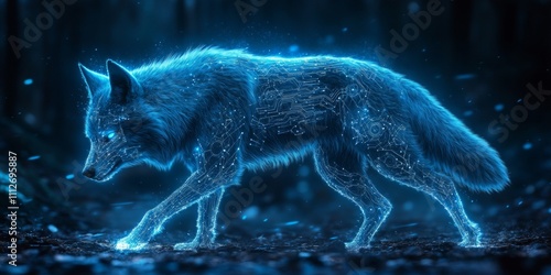 Cybernetic wolf adorned with luminous circuitry patterns, blending nature and technology in a striking visual narrative. photo