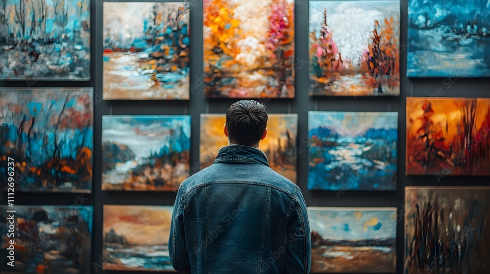 Young man admiring vibrant abstract paintings in an art gallery. Young man admiring vibrant abstract paintings in an art gallery.