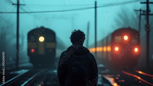 Young man standing at a foggy train station, surrounded by two approaching trains.