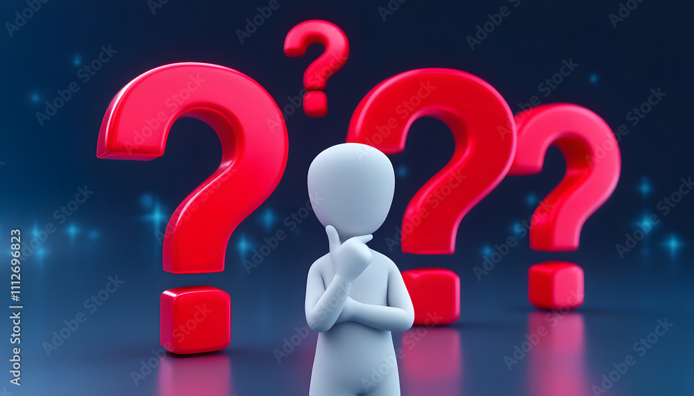A 3D-rendered figure in a thinking pose with red question marks floating around, set against a blurry blue background with glowing light effects. A 3D-rendered figure in a thinking pose with red question marks floating around, set against a blurry blue background with glowing light effects.