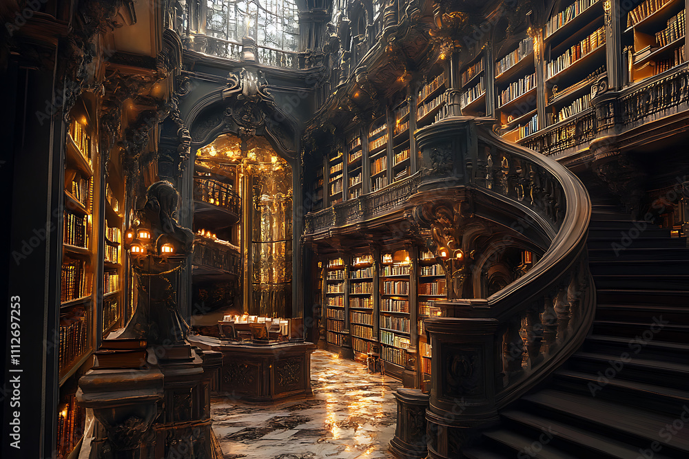 Fototapeta premium A grand library inside a floating castle with endless shelves, mystical lights, and intricate architecture