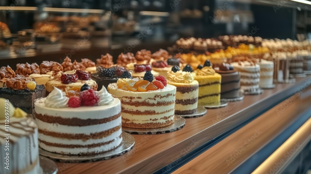 Variety of delicious cakes displayed in a modern pastry shop showcase Variety of delicious cakes displayed in a modern pastry shop showcase