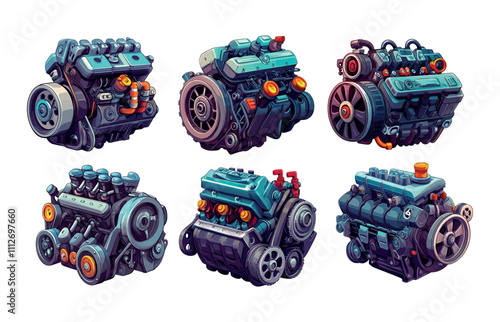 Cartoon engines. Car and truck petrol combustion mechanism, horse powered machine fuel burning device for wheeled vehicles, isolated vectors on white background