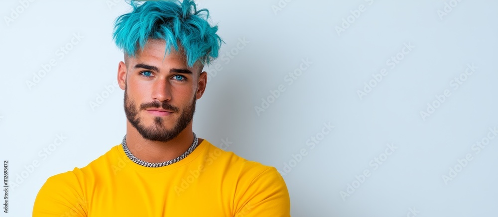 Fototapeta premium Man with blue hair and a yellow shirt. He is looking at the camera. The image has a bright and cheerful mood