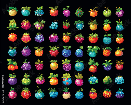 Cartoon fantasy fruits. Magic berries blackberries strawberries and raspberries, gambling slot machine cranberries bubble plants, isolated vector on white backdrop