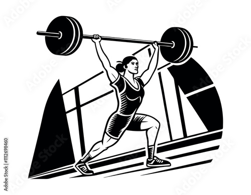 female weightlifter lifting heavy barbell in black and white vector art