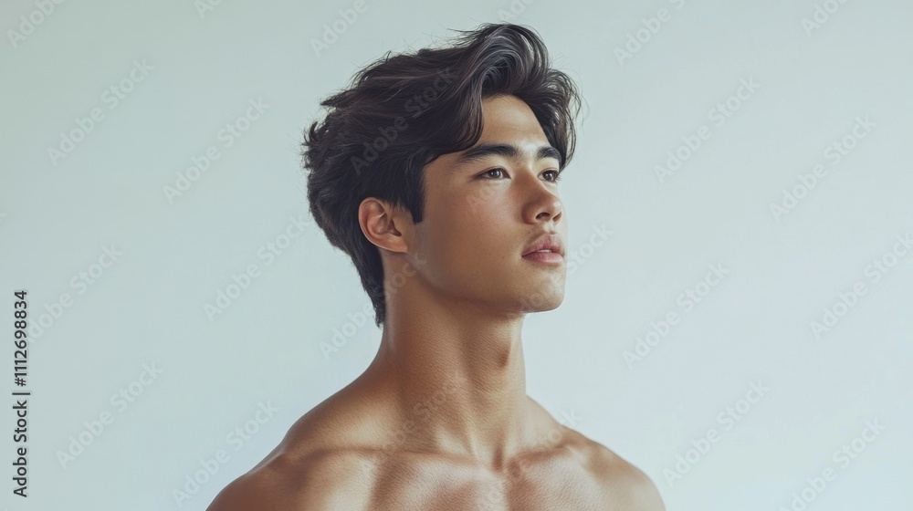 Minimalist portrait of an Asian young man with glowing, hydrated skin on a clean white background, perfect for skincare campaigns. Minimalist portrait of an Asian young man with glowing, hydrated skin on a clean white background, perfect for skincare campaigns.