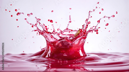 High Speed Photography of Red Liquid Crown Splash with Droplets Against White Background, Dynamic Fluid Motion Captured in Macro Detail