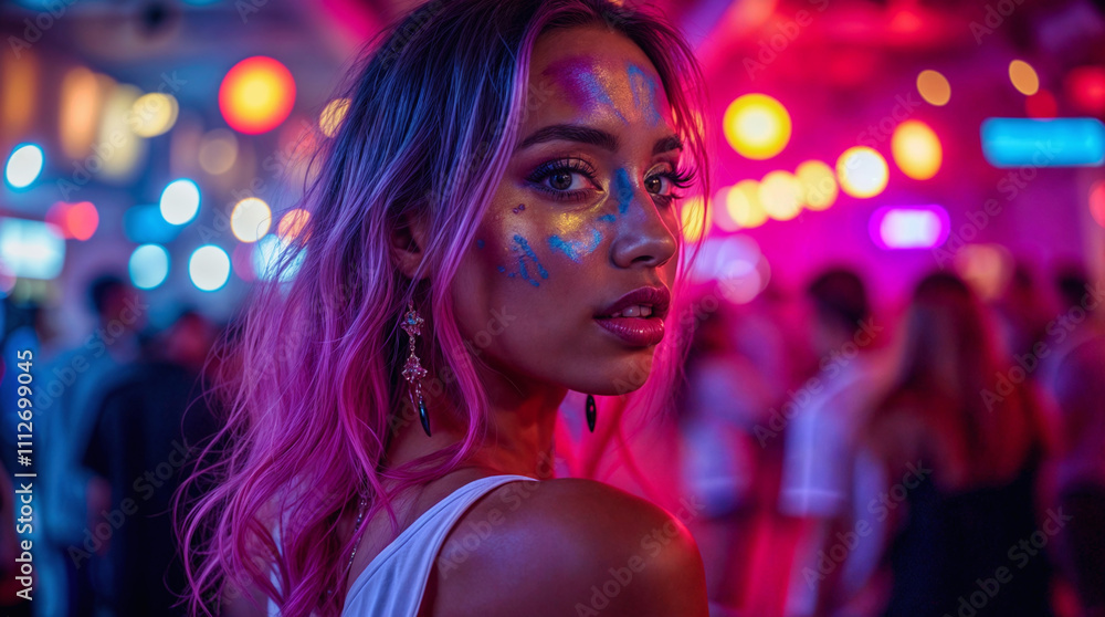 Young African American woman with neon face paint and pink hair at nightclub, wearing white top and statement earrings against vibrant bokeh lights and party atmosphere Young African American woman with neon face paint and pink hair at nightclub, wearing white top and statement earrings against vibrant bokeh lights and party atmosphere