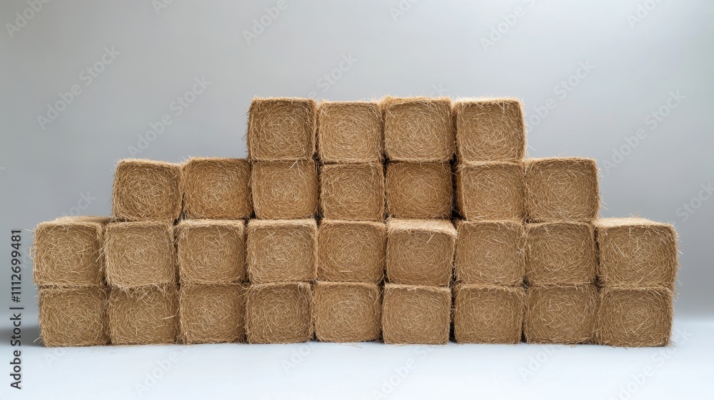 Fototapeta premium Multiple square straw bales stacked symmetrically on a clean white background, ideal for agricultural and rural concepts.