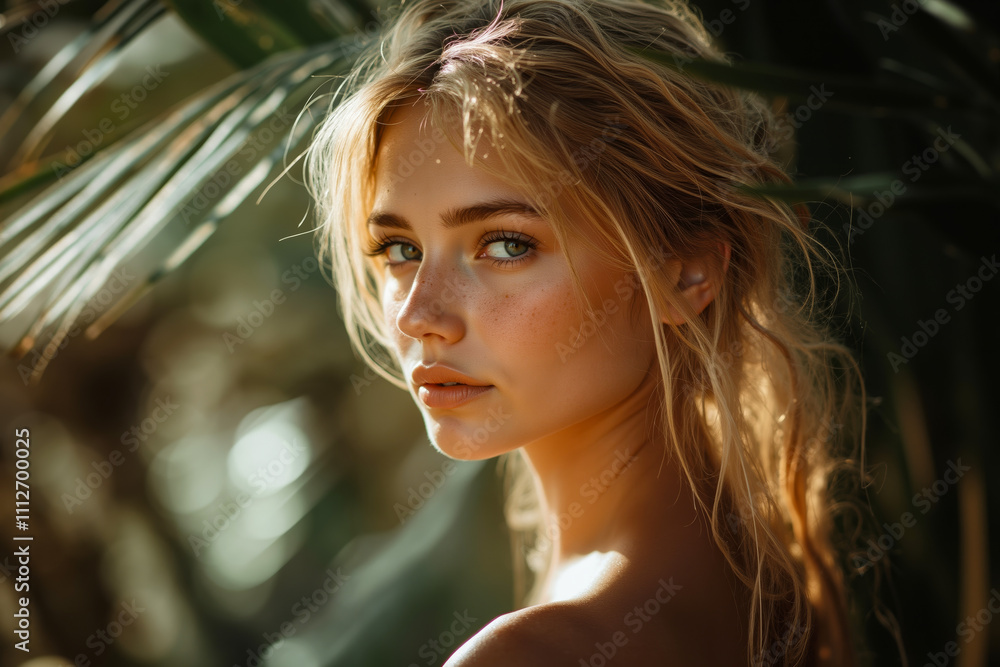 Fototapeta premium A woman with long blonde hair standing in front of a palm tree