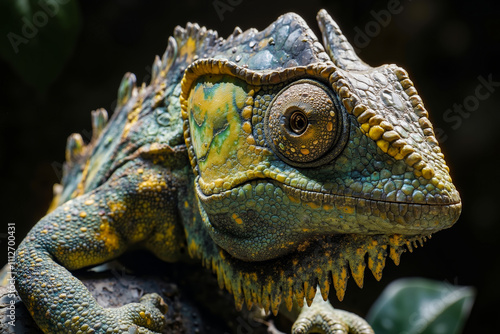 A close up of a chameleon sitting on a tree branch photo