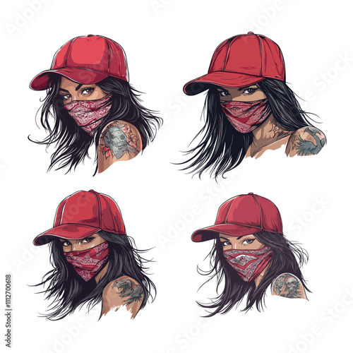Cartoon gangster girl. Young female with long hair baseball cap and bandana on face, la or chicano criminal thug woman avatar tattoos isolated vector on white backdrop