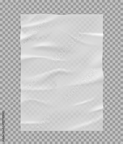 Moist paper wrinkled poster, wet paper sheet template with transparent crumpled texture, vector glued creased white tape
