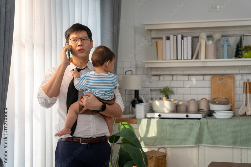 Asian baby and families who have to work while raising children at home Asian baby and families who have to work while raising children at home