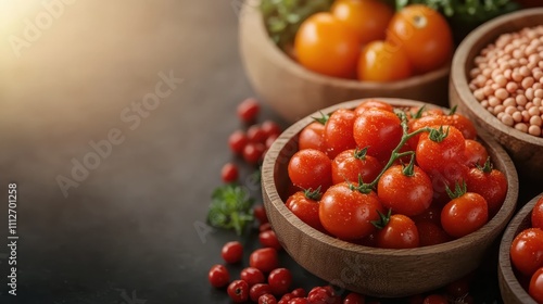 A vivid depiction of fresh tomatoes, green herbs, and round beans artfully arranged in wooden bowls, capturing the essence of fresh market produce.