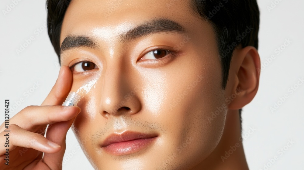 Obraz premium Radiant Asian young man gently applying serum to his glowing face, with a pristine white background.
