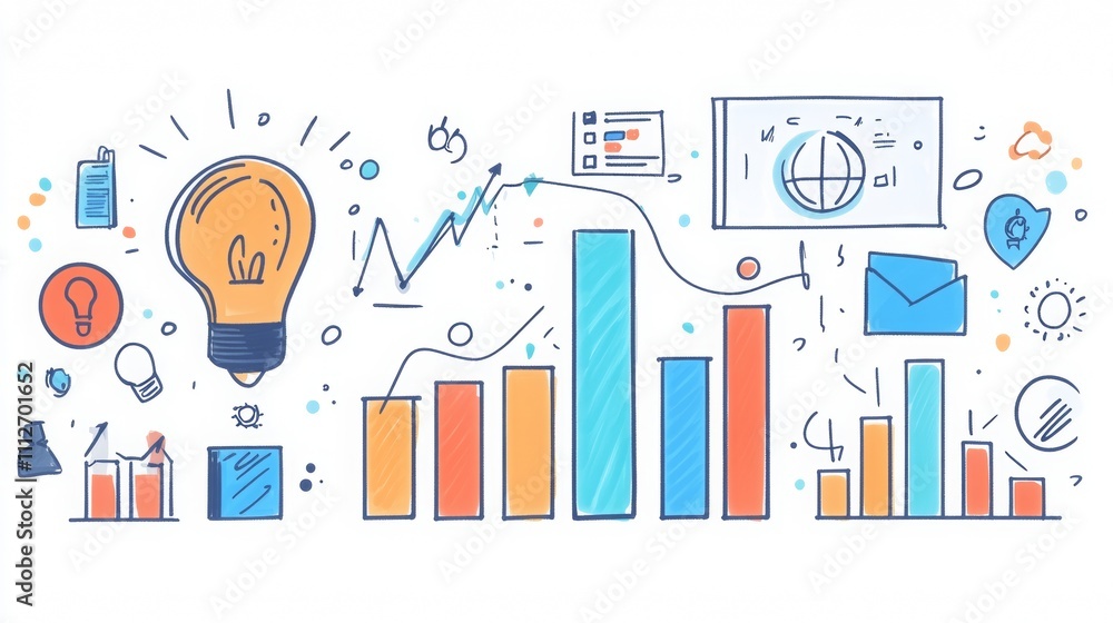 Creative business concept sketches featuring charts, ideas, and planning visuals on a clean white backdrop