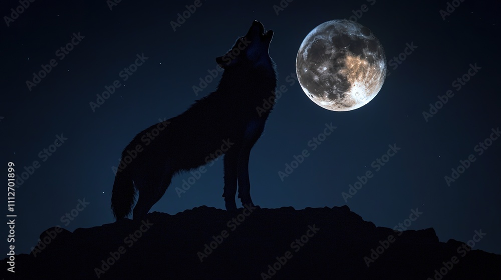 Silhouetted wolf howling at full moon in night sky. Silhouetted wolf howling at full moon in night sky.