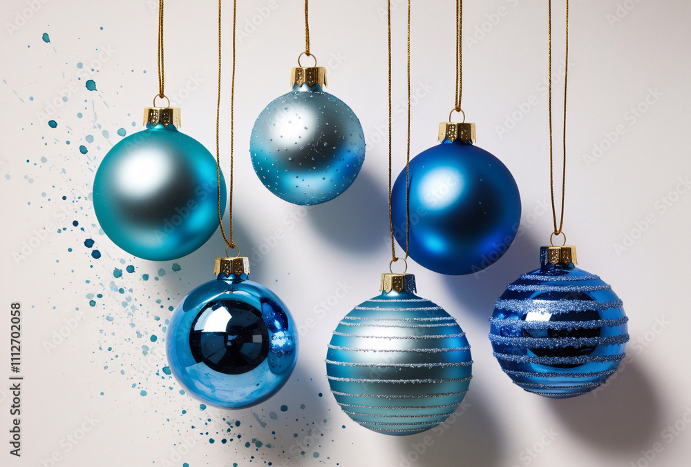 Elegant Blue Christmas Ornaments Hanging on String with Artistic Splatter Elegant Blue Christmas Ornaments Hanging on String with Artistic Splatter