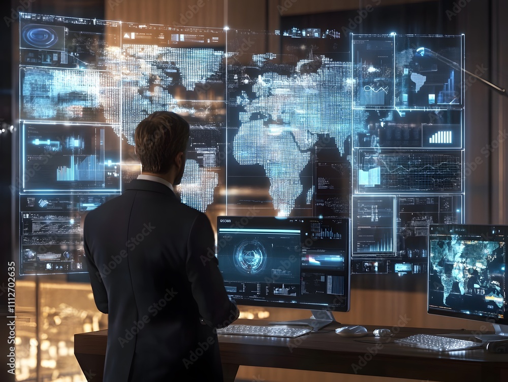 A businessman in a virtual office environment, collaborating with international partners