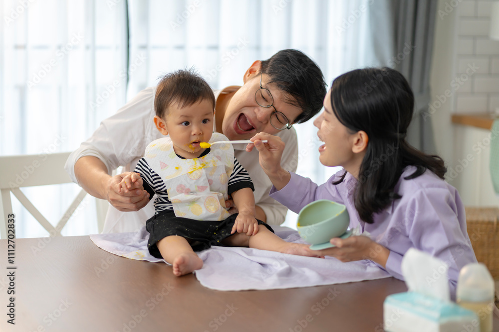 Asian baby and families who have to work while raising children at home Asian baby and families who have to work while raising children at home