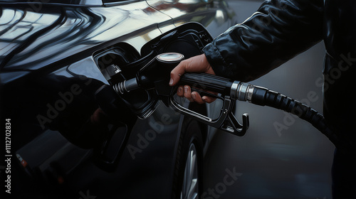 A manâs hand refueling a car with the nozzle inserted, showing close details of the pump mechanism and the polished finish of the vehicle photo