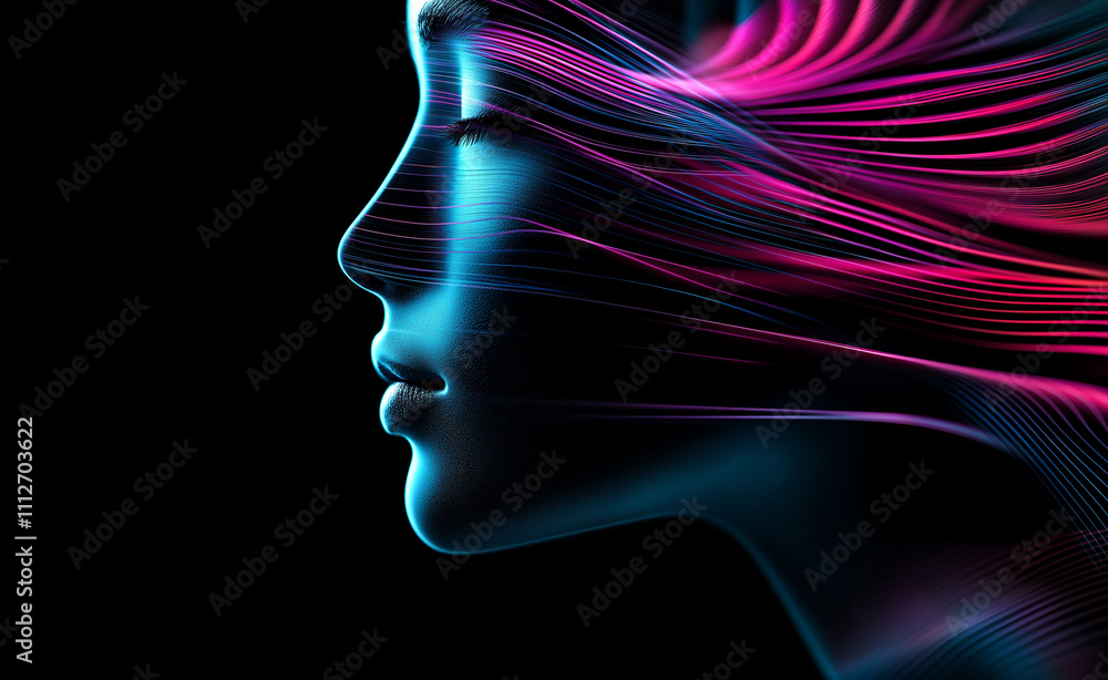 An abstract profile of a woman's face with flowing neon lines in pink and blue on a black background. An abstract profile of a woman's face with flowing neon lines in pink and blue on a black background.