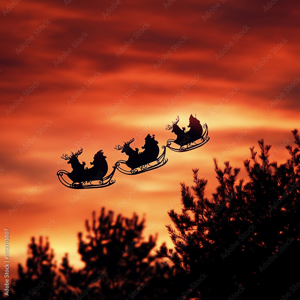 Santa Claus's sleigh against the background of the Crimson Sky Santa Claus's sleigh against the background of the Crimson Sky