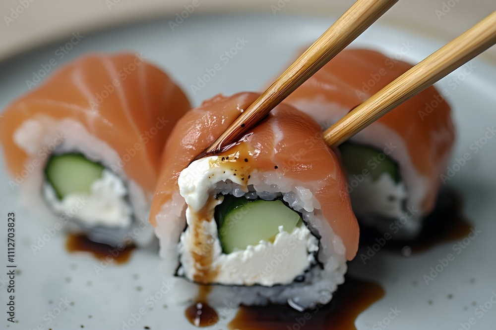 Fresh Sushi Roll with Salmon and Soy Sauce, cream, cheese, cucumber, chopsticks Fresh Sushi Roll with Salmon and Soy Sauce, cream, cheese, cucumber, chopsticks