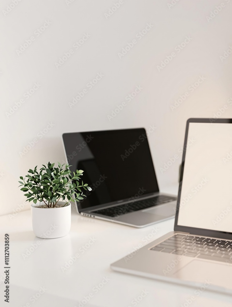 Minimalist desk setup with a small plant and a laptop, office plant, greenery, indoor plant Minimalist desk setup with a small plant and a laptop, office plant, greenery, indoor plant