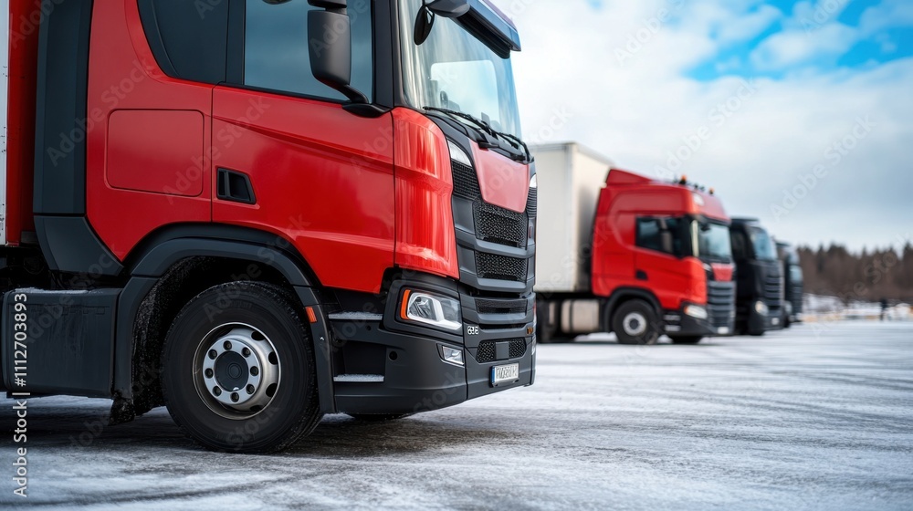 Red Delivery Trucks Parked on Snowy Ground Under a Bright Sky, Showcasing Modern Design and Powerful Build, Ideal for Logistics and Transportation Themes Red Delivery Trucks Parked on Snowy Ground Under a Bright Sky, Showcasing Modern Design and Powerful Build, Ideal for Logistics and Transportation Themes